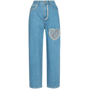 Unique Design Hollow Out Heart-Shaped Diamond Inlaid Jeans WomenLight Color High Waist Summer Pants Luxury Brand