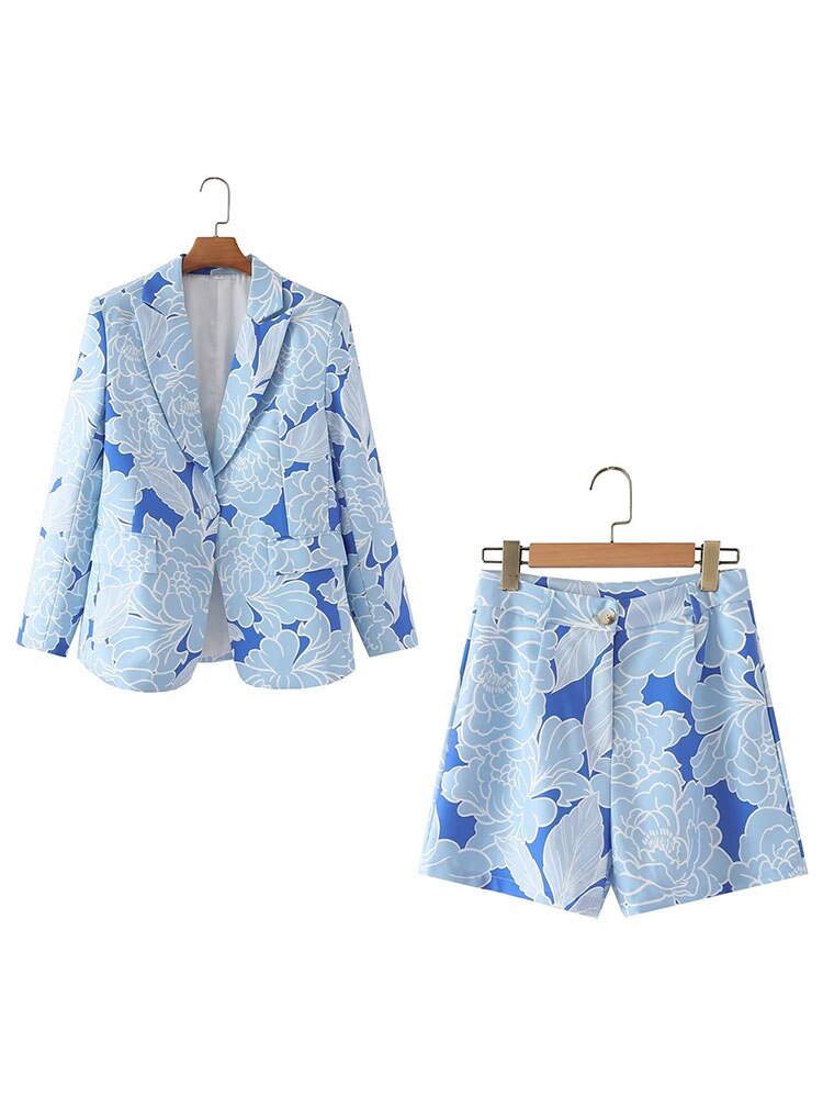 Women Fashion Two Piece One-Button With Pockets Blazer Jacket Coat Set Front Zipper High Waist Short Female Chic Suit