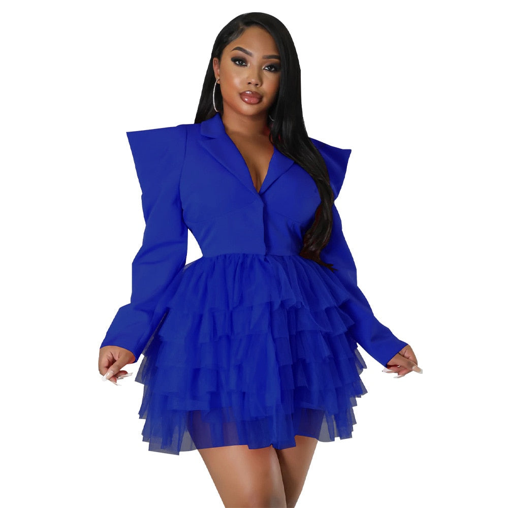 Women Single Breasted Notched Neck Puff Long Sleeve Mesh Cascading Ruffles Big Swing Blazer Dress Chic Vestidos