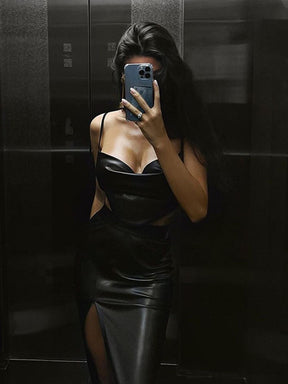 Leather Tank Top and Skirt Two Piece Set Suits for Women Elegant Fashion Streetwear Co-Ord Sets Sexy Gothic Tracksuit