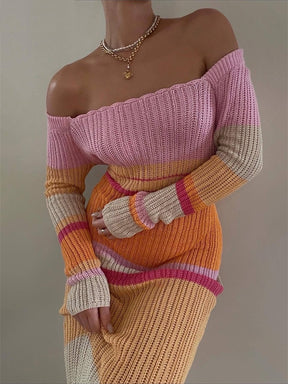 Women Sexy Beach Evening Party Knitted Off Shoulder Long Sleeve Bodycon Long Dresses Casualr Maxi Dress