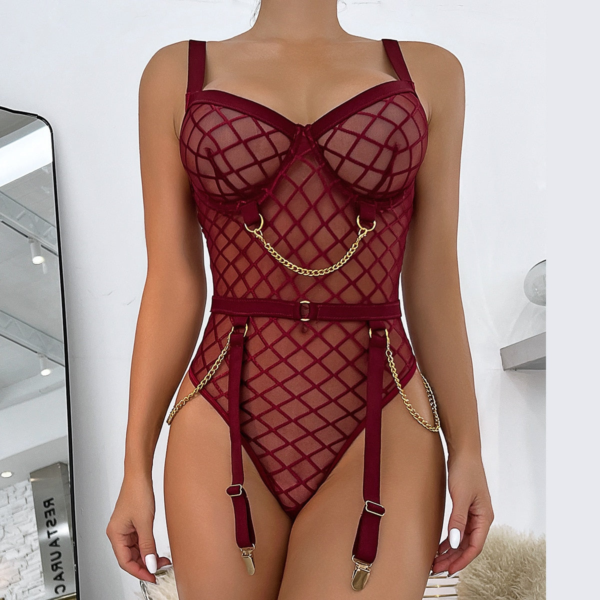 Plaid Bodysuit Sensual Lingerie With Chain Open Crotchless Teddy Bear Transparent Lace Sissy Erotic Body Sexy Tights