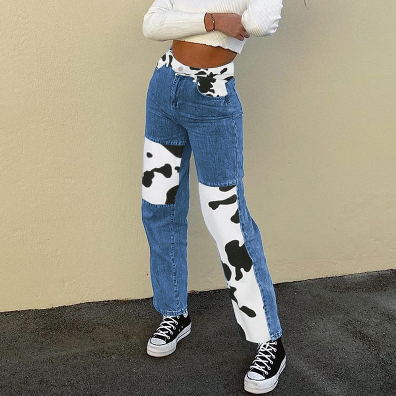 Patchwork Jeans Womens High Waist Retro Dairy Cow Stitching Pants Straight Leg Jeans Streetwear  Fashion Clothes