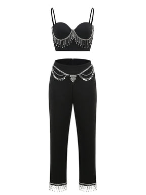 Two Piece Sexy Spaghetti Straps Crystal Diamond Short Top + Pants Set Fashion Black Designer Bodycon Pants Set Celebrity Party