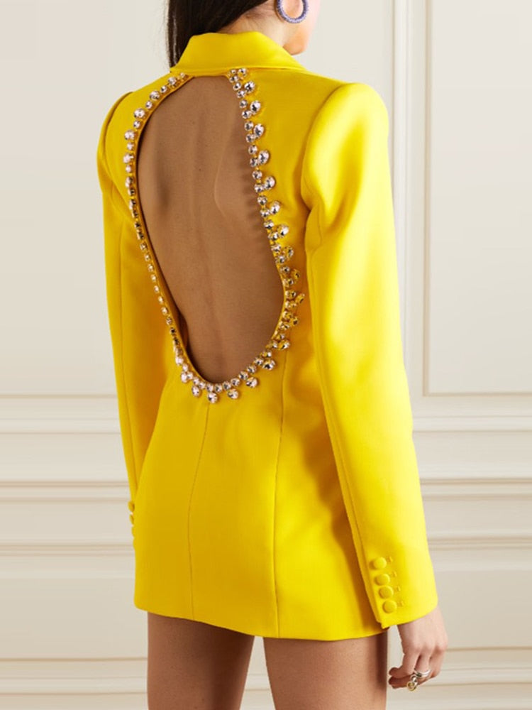 Designer Jacket Women's Rhinestone Diamonds Beaded Backless Long Blazer