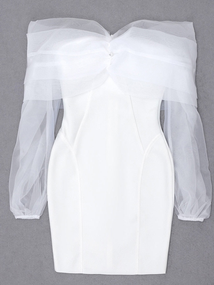Sexy Strapless Mesh Long Sleeves Bandage Mini Dress Summer White Slash Neck Bodycon Dress Club Celebrity Evening Party Dress