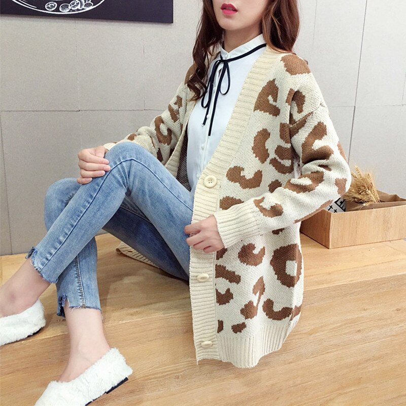 Women Casual Knitted Leopard Sweaters Female V Neck Thick Print Cardigan Coat Loose Button Outwear Tops Autumn Winter