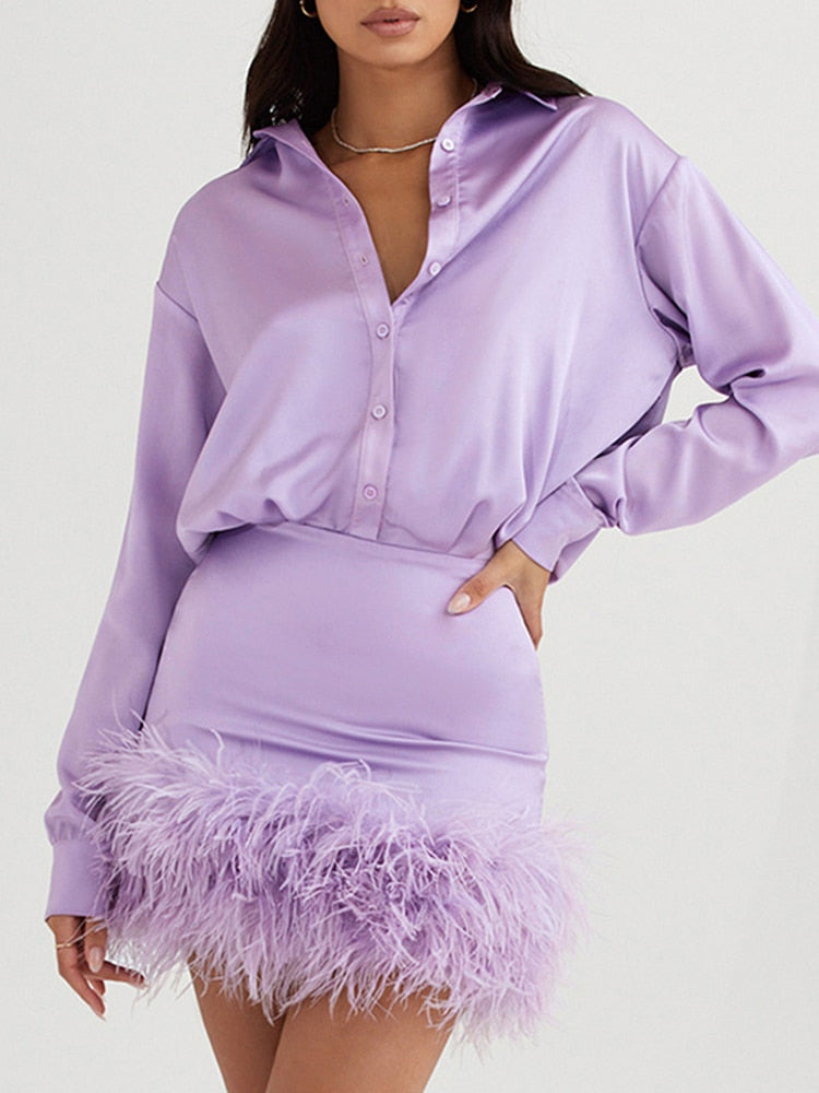 Sexy Lapel Patchwork Feathers Shirt Dress Elegant Lavender Long Sleeve Feather Mini A Line Dress Fall Celebrity Party Club Dress
