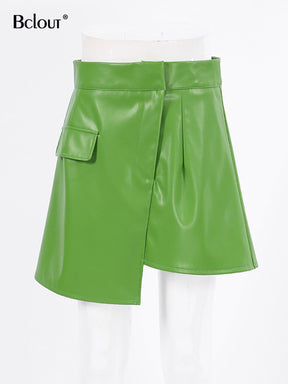 Autumn Green Leather Skirts Womens  Elegant High Waist Office Lady Patchwork Mini Skirt Fashion Sexy Short