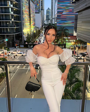 Sexy Ruffle Puff Sleeve White Bandage Set Women Off Shoulder Top Bodysuit and Long Flare Pants 2 Piece Set Sexy Celebrity Party