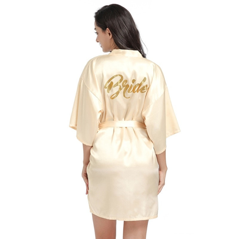 Satin Bride and Bridesmaid Silk Wedding Designer Bathrobe Short Robe with Gold Glitter For Gift