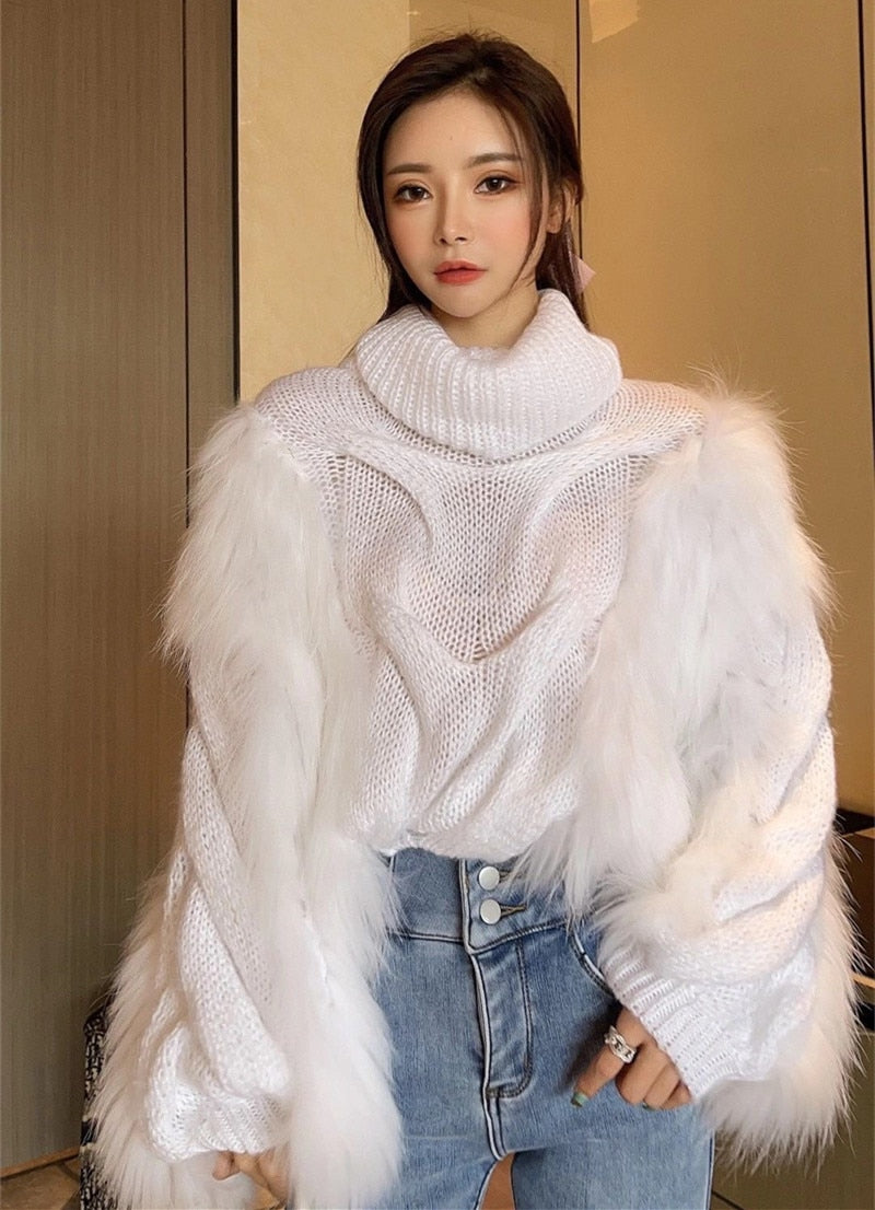 Luxury High Qulaity Women Loose Pullovers Jumper Autumn Winter Rabbit Fur Patchwork Knitting Thick O Neck Sweater Ladies