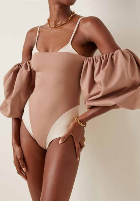 Color-Blocking Sling-Style One-Shoulder Puff-Sleeved Swimsuit Open-Back Slim Sexy Bikini High-Waisted One-Piece Beachwear  2022