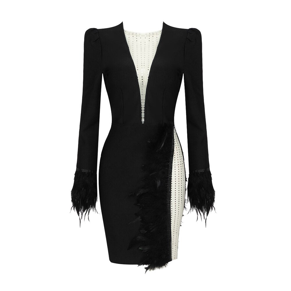 Winter Black Mini Dress Women Party Wear Fashion Feathers Design Mesh Patchwork Bandage Dress