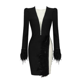 Winter Black Mini Dress Women Party Wear Fashion Feathers Design Mesh Patchwork Bandage Dress