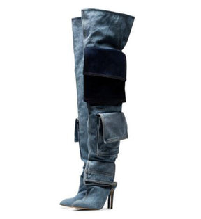 Winter New Women Fashion Blue Jeans Denim Pointed Toe Pocket Over The Knee Boots Female Thin High Heel Loose Thigh Long Botas