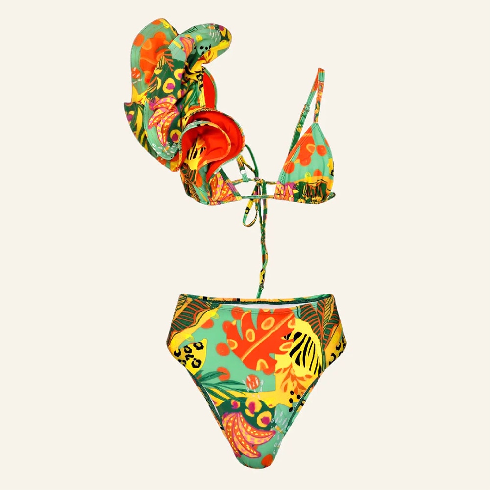 New Sexy High Waist Bikini Sets Ruffle Swimwear Women Swimsuit Print Floral Dots V-neck Beach Wear Bathing Suits biquini