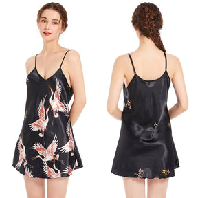 Gift for Women Pajamas Satin Nightgown Crane Print Sleepwear V Neck Sexy Spaghetti Strap Nightwear