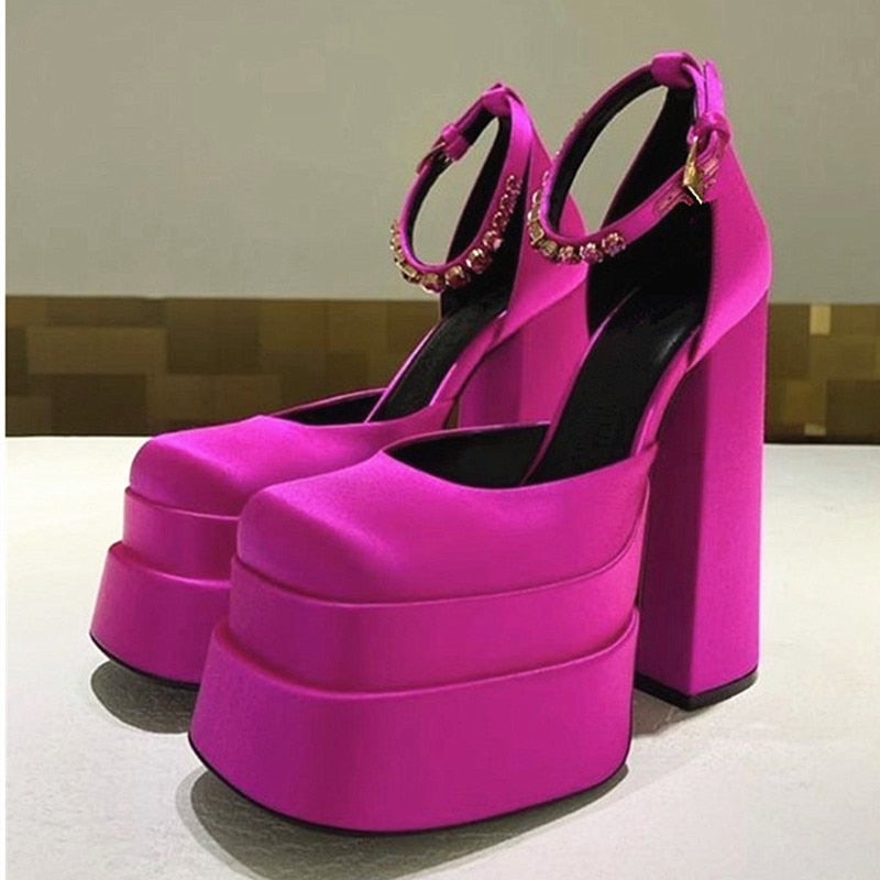 Luxury Brand Women High Heesl Shoes Sexy Thick Heel Platform Shoes Square Toe Rhinestone Pumps
