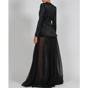 Women Blazer Skirt Set Sexy V-neck High Waist Floo-length Long Dress Set Diamond Black Ladies Suit Coat + Mesh Long Skirts Set