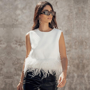 Sexy Feather Patchwork Tank Tops Women Skinny Furry O-neck Sleeveless Blouse Tunic 2022 Summer Fashion Party Vest Womens Tops