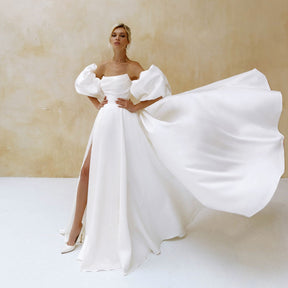 Elegant Satin Wedding Dress Short Puff Sleeves 2022 Simple Plain White Bridal Gown A-Line Side Slit Sweep Train Vestido de Novia