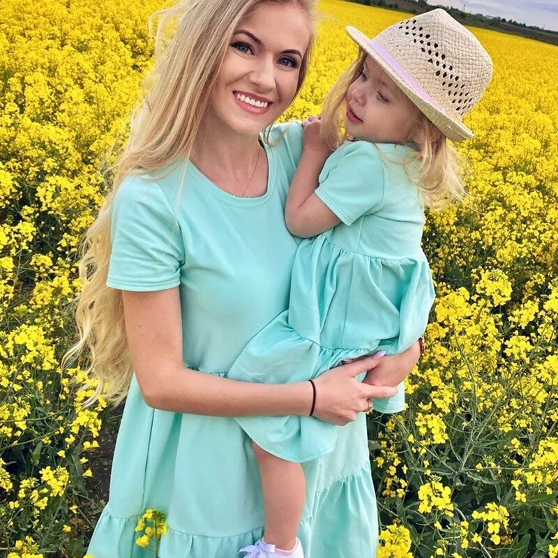 Mommy and Daughter Matching Clothes Short Sleeve Solid Color Mother and Daughter Dress Casual Family Matching Outfits