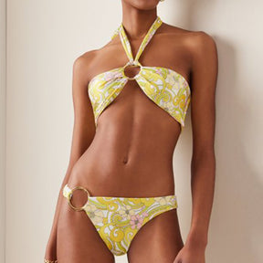 New Vintage Yellow Halter Strap Swimsuit Women&#39;s  Backless Printed Bikini Sexy String High Waist Beach Pants