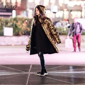 Luxury Gold Sequined Hooded Straight Tube Overcoat Fashion Cotton Jacket runway Party Coat