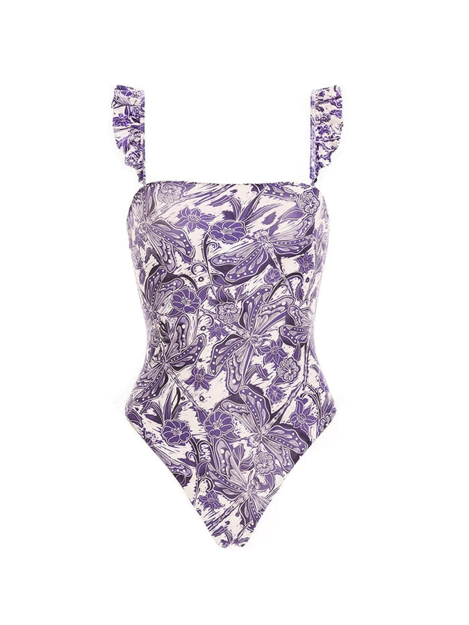 Fashion Purple Print Sexy Gathering Swimsuit Split Slim High Waist Cropped Bikini Backless Chic Beachwear 2022 Seamless Splicing