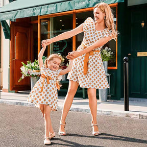 Polka Dot Mother Daughter Matching Dresses Family Set Ruffled Sleeve Mommy and Me Clothes Fashion Women Girls Mom Baby Dress