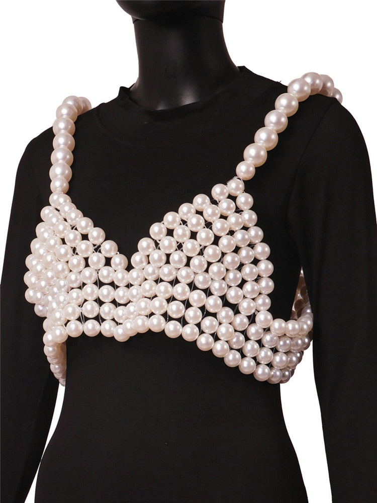 Sexy V-Neck  Luxury Beaded Sling Crop Top Elegant Sleeveless Backless Pearl Beading Vest Top Nightclub Party Evening Crop Tops