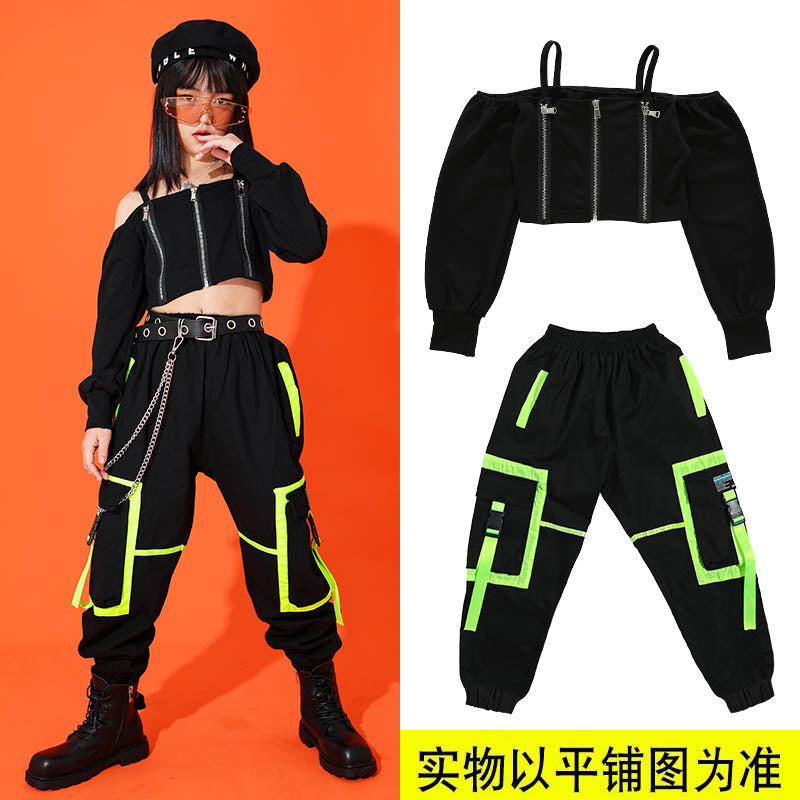 Girls Hip Hop Cargo Pants Goth Crop Top 2 Pcs Set Sweatshirt Children Street Dance Clothing Kids Jazz Gothic Costumes Streetwear