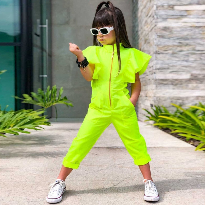 r Girl Fashion Fly Sleeve Jumpsuit Bodysuit Clothes Green ChildreN Girls Overalls Kids Zipper Romper Party Clothing