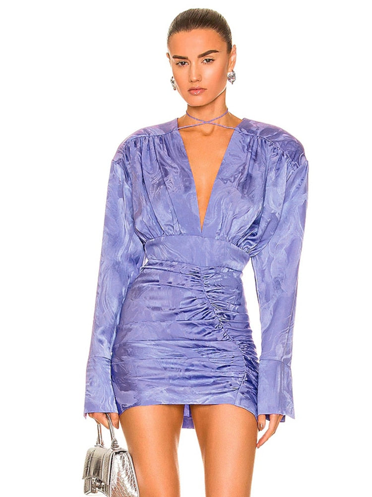 Sexy V Neck Long Sleeve Pleated Mini Bodycon Dress Elegant Lavender Print Full Sleeved Dress 2022 Women Evening Party Club Dress