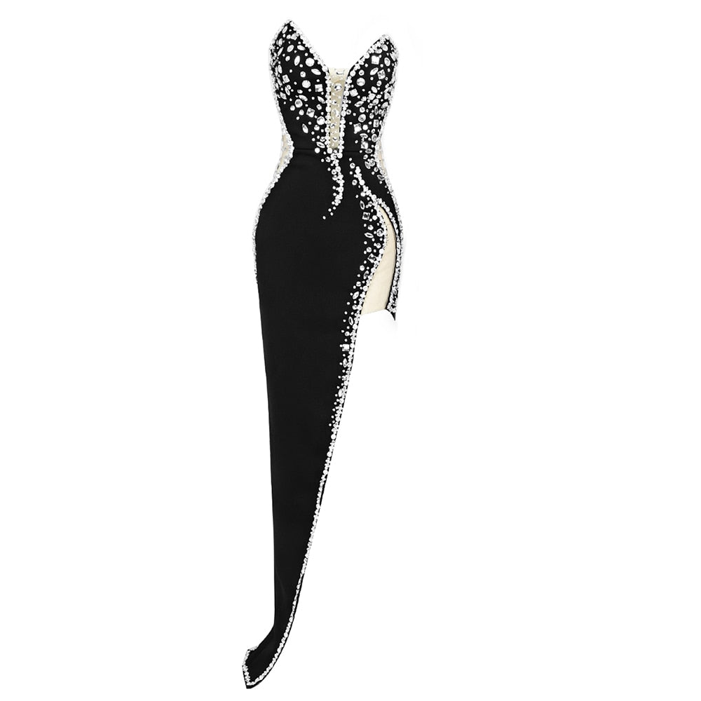 Woman Black Strapless Dress Luxury Crystals Embellished Mesh Splicing Design Bodycon Bandage Long Celebrity Party Dress