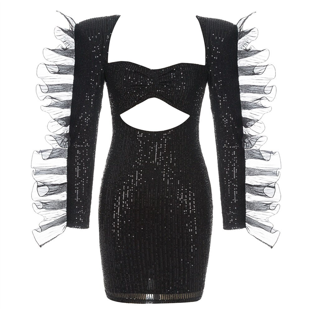 Black Evening Dress For Women Elegant Ruffle Sequin Design With Long Sleeve Mini Dress New Trendy