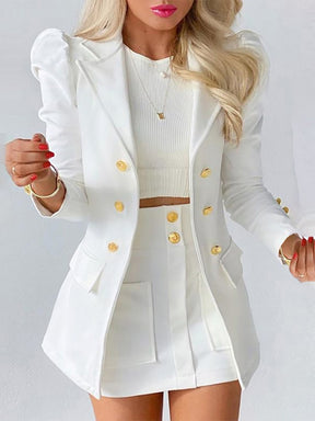 New Lady Office Solid Color Puff Sleeve Suit + High Waist Button Skirt Two-Piece Set Women Spring Fashion Blazer Commute Outfits