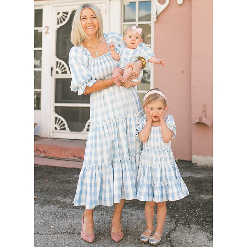 Mommy and Daughter Matching Clothes Plaid Short Sleeve Elegant Mother and Daughter Dress Family Matching Outfits