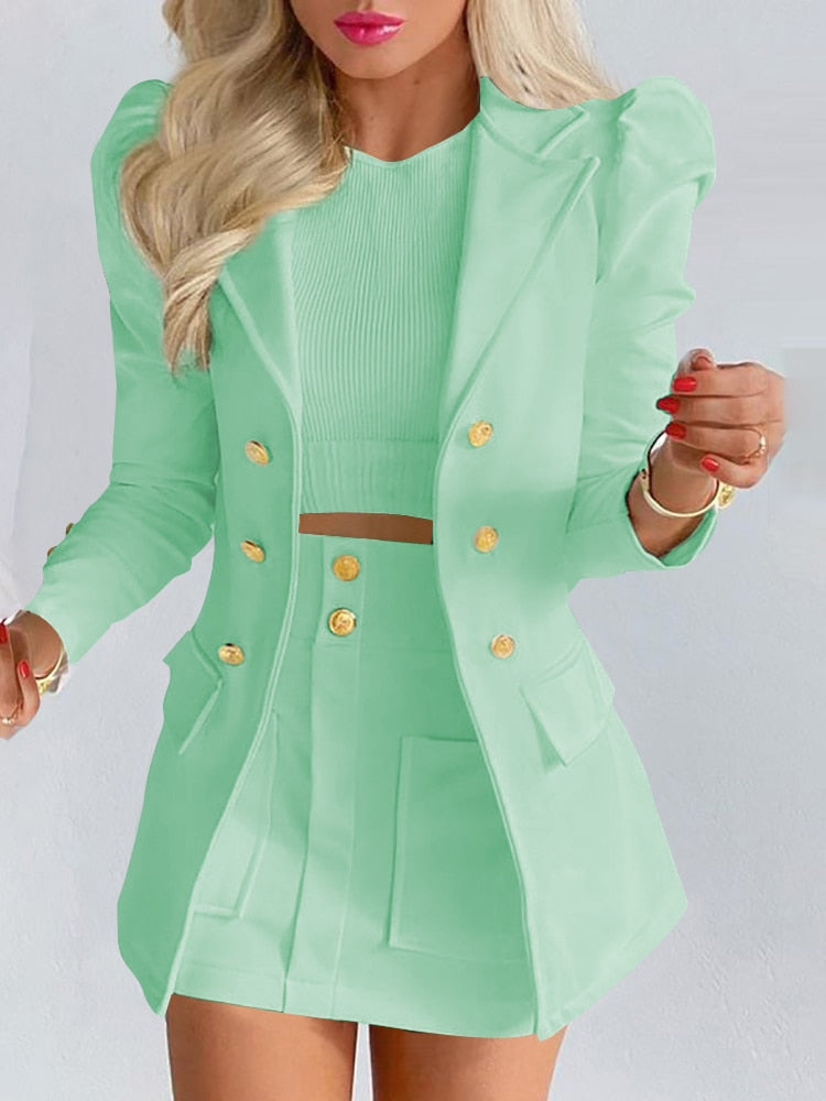 New Lady Office Solid Color Puff Sleeve Suit + High Waist Button Skirt Two-Piece Set Women Spring Fashion Blazer Commute Outfits