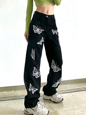 Fashion Women High Waist Jeans Butterfly Printing Denim Pants Black Women Streetwear Baggy Straight Mom Denim Trousers