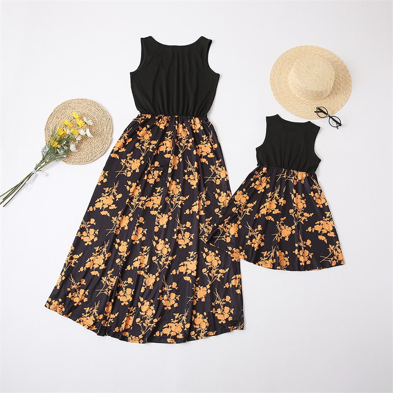 Flower Mommy and Me Clothes Family Set Sleeveless Mother Daughter Matching Vest Dresses Fashion Woman Girls Long Dress Outfits