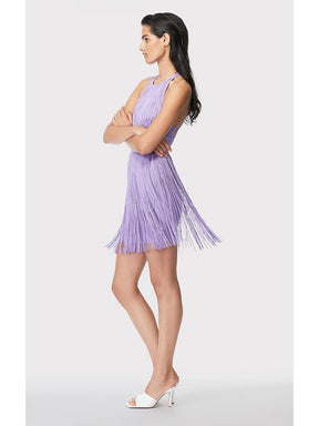 Sexy Halter Backless Tassel Mini Bodycon Bandage Dress Summer Elegant Purple Sleeveless Dress Celebrity Evening Party Club Dress