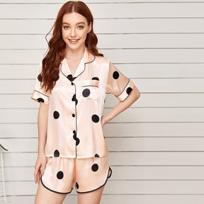 Womens Loungewear Pjs Polka Dots Nightwear Button Down Satin Sleepwear Pajama Set