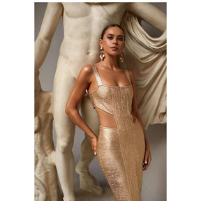 Gold Metallic Midi Bandage Dress  Sexy Sleeveless Sling Gold Foil Tights Dresses Backless Cutout Midi Bronzing Bandage Dress
