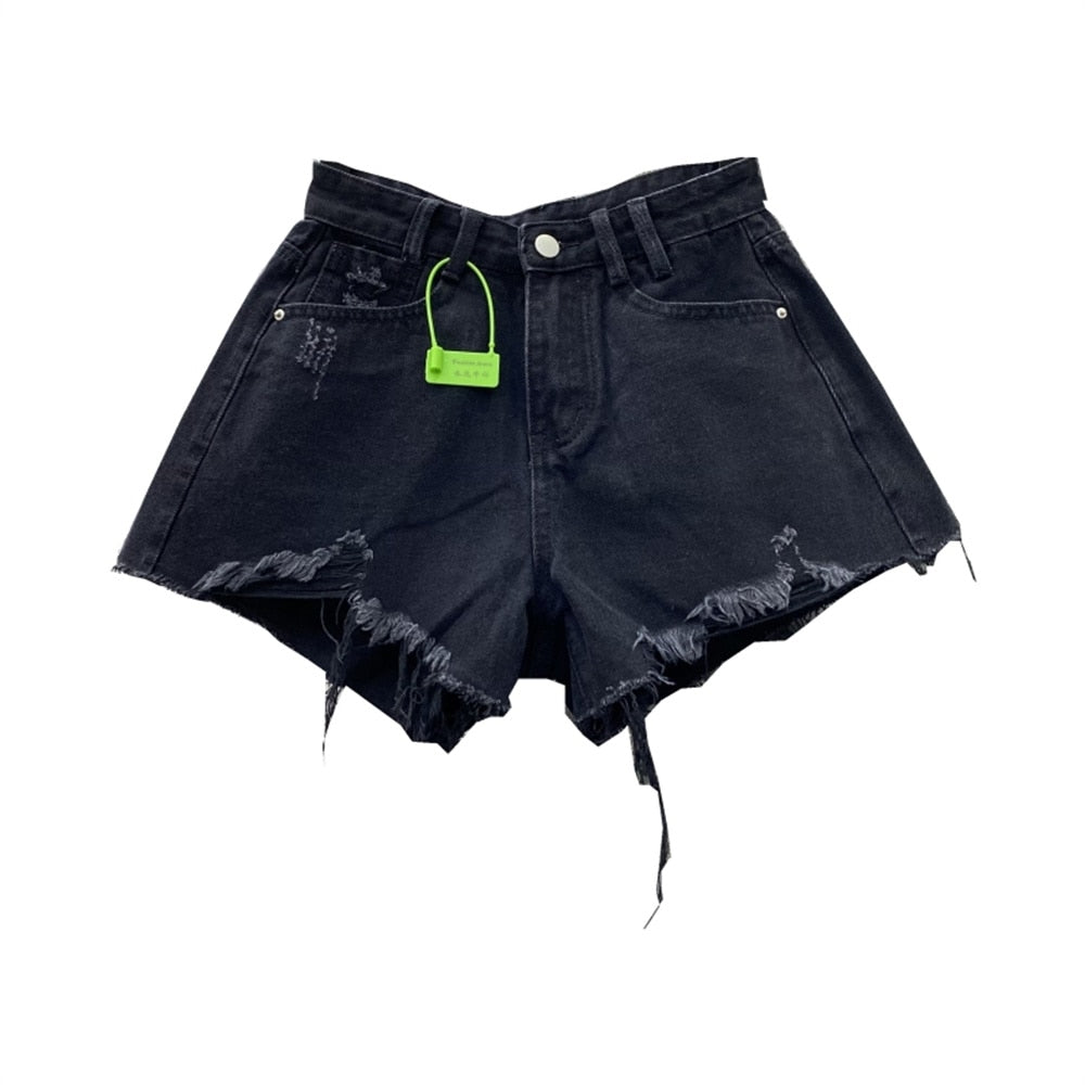 Denim Shorts High Waist Straight Solid Color Button Hollow Out Burr Short Jeans Spring 2023 New