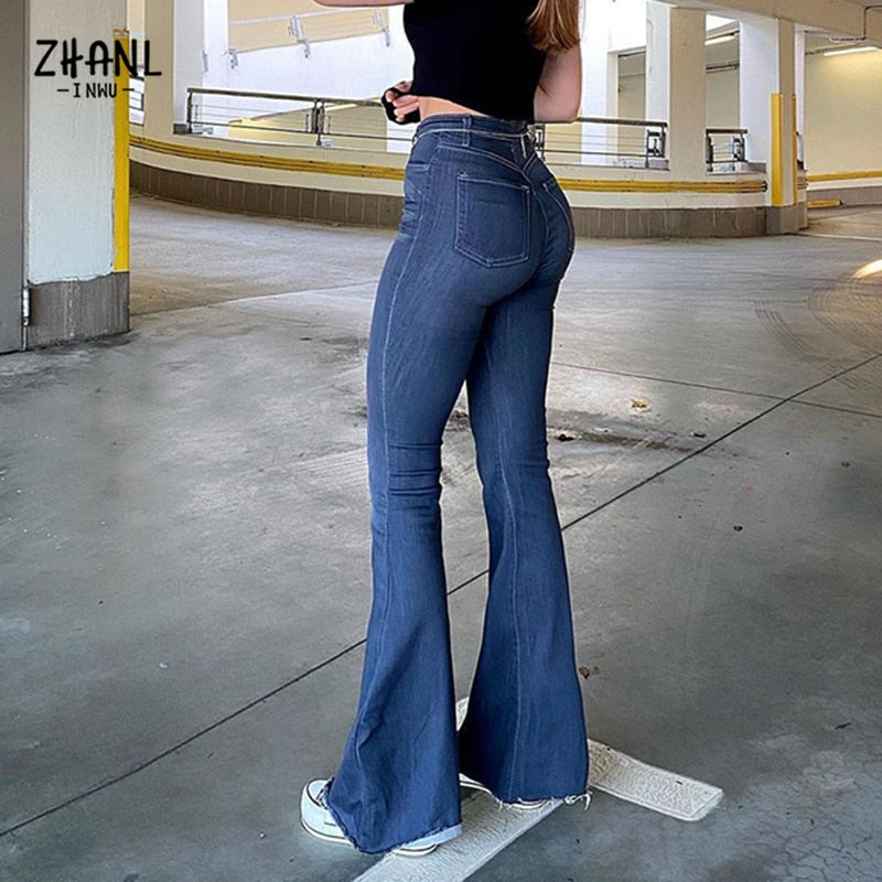 Spring Autumn Thin Fashion Blue Jeans Women High Waist Stretch Jeans Femme Trousers Vintage Casual Comfort Denim Flare Pants