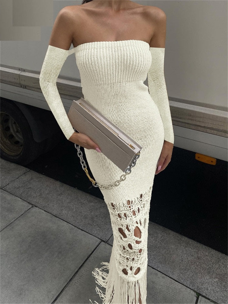 Sexy Off Shoulder Knitted White Women Outfits Long Tassels Dress Hollow Out Fashion Autumn Winter Club Party Dress 2022