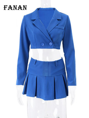 Pleated Skirt Sets for Women Fashion Blue Long Sleeve Blazer Jacket and Mini Skirt Outfit Autumn Winter Y2K Sexy Two Piece Set