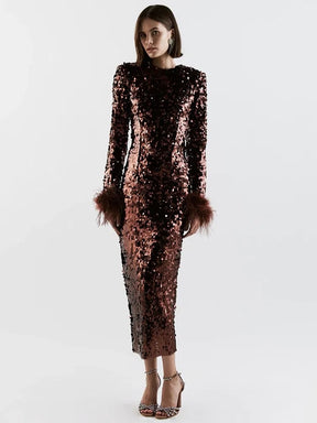 Sexy O Neck Long Sleeve Luxury Sequins Feather Long Dress Eelgant Black Long Sleeve Bodycon Midi Dress Celebrity Party Evening